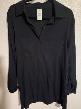 La Blanca Black Gauzy Crinkle Button Down Tunic Swim Cover Size Large